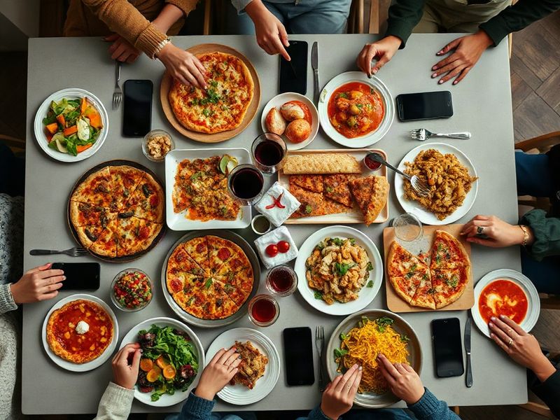 Tavolata con piatti condivisi e i telefoni dei commensali