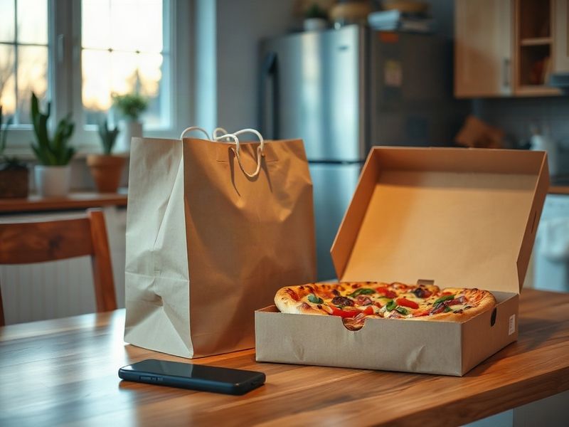Sacchetto e cartone della pizza consegnati a casa