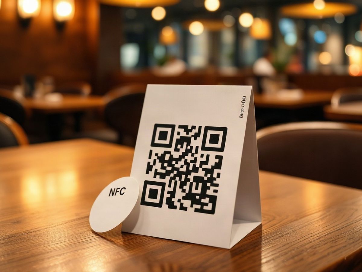 Cartoncino da tavolo con il QR code del menu e un adesivo NFC