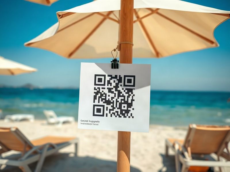 Cartello con QR code appeso all'ombrellone in spiaggia